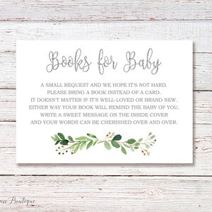 Apportez un livre au lieu d'une carte, de la verdure, apportez un livre encart pour baby shower, carte de demande de livre argentée, TÉLÉCHARGEMENT IMMÉDIAT, BS045
