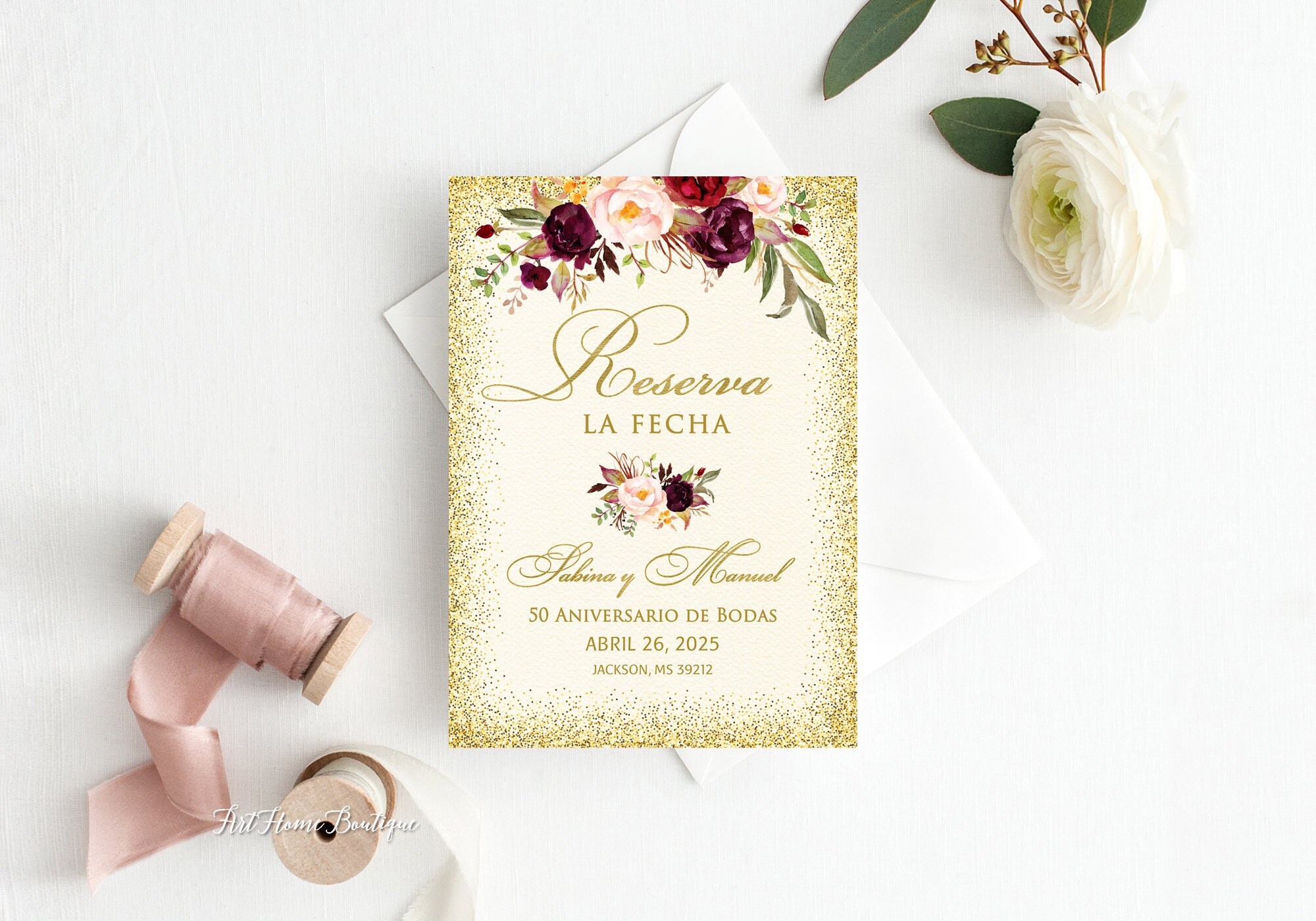 Reserva la Fecha, Burgundy 50 Aniversario de Bodas Save the Date, 50th  Wedding Anniversary Save The Date,Spanish Save The Date, W156-2, image size:2000x1400