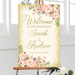 Welcome Beginning Sign, Ivory Welcome to Our Beginning Sign, Blush Pink Flowers, Printable, Digital File, W540