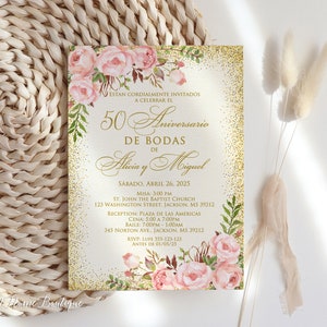 Uitnodiging 50 Aniversario de Bodas, Blush Pink 50e verjaardag uitnodiging, Boda de Oro-uitnodiging, Spaanse uitnodiging, W1663-2