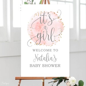 It&#39;s a Girl Welcome Sign, Baby Shower Welcome Sign, Pink and Gray Welcome Baby Shower Sign, Watercolor Welcome baby Shower Sign, BS036