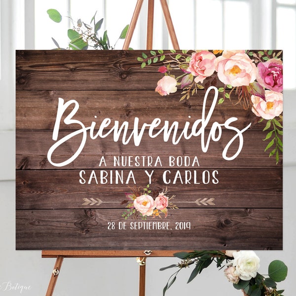 Bienvenidos a Nuestra Boda, Signo de Bienvenida Español, Signo de Boda de Bienvenida, Signo de Boda de Bienvenida Rústica, Archivo Digital, W84-3