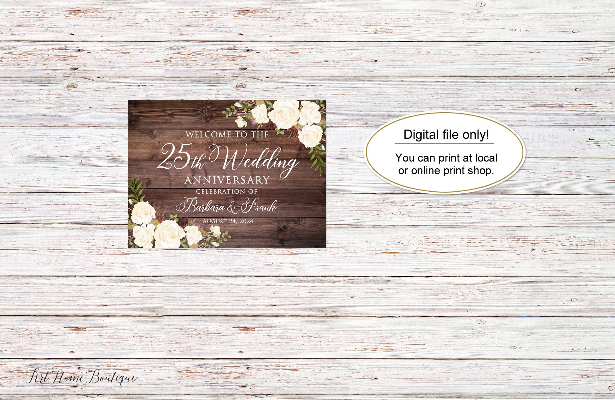 Rustic 25th Anniversary Welcome Sign, White Roses Anniversary Sign ...
