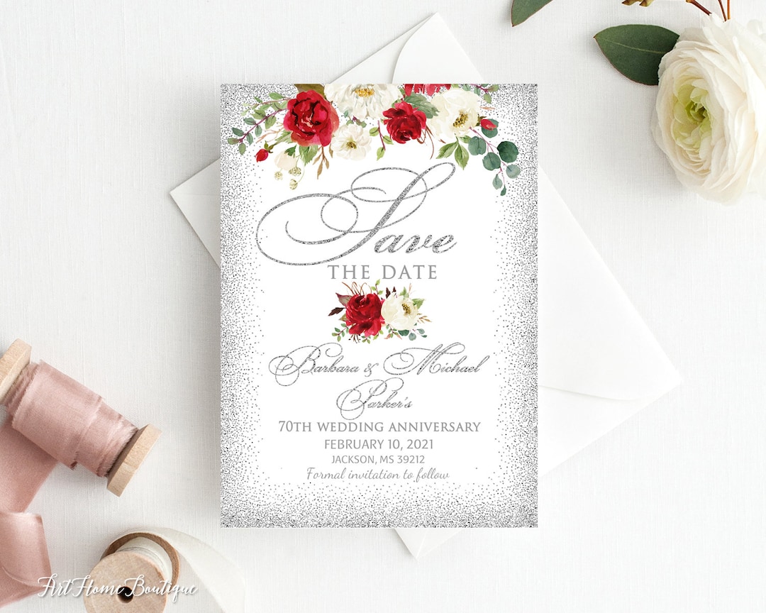 Save the Date, 70th Wedding Anniversary Save the Date, 25th Anniversary  Save the Date, Silver Wedding Save the Date, Red Flowers, W917 - Etsy, image size:1080x864