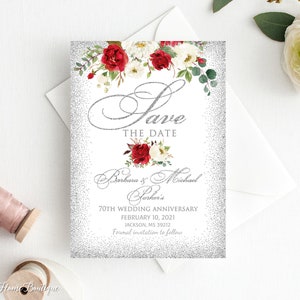 Salve a data, 70º aniversário de casamento, salve a data, 25º aniversário, salve a data, casamento de prata, salve a data, flores vermelhas, W917