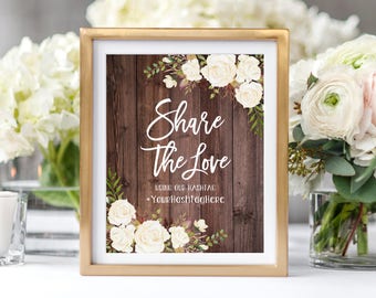 Share The Love Hashtag Sign, Share The Love Wedding Sign, Wedding Instagram Sign,  Floral Wedding Sign, White Roses, W177