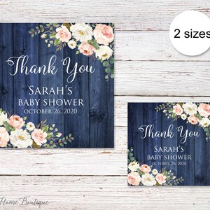 Baby Shower Thank You Tags, Rustic Navy Favor Tags, Thank You Tags, 2x2 or 3x3 inches, Personalized, Blush and White Flowers, W758, BS758