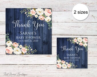 Etichette di ringraziamento per baby shower, etichette per bomboniere rustiche blu navy, etichette di ringraziamento, 2x2 o 3x3 pollici, personalizzabili, fiori rosa e bianchi, W758, BS758