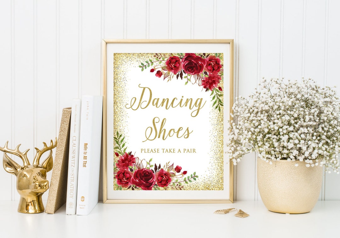 Dancing Shoes Sign, Dancing Feet Sign, Red Wedding Dance Floor Sign, Gold Red Wedding Sign, W768