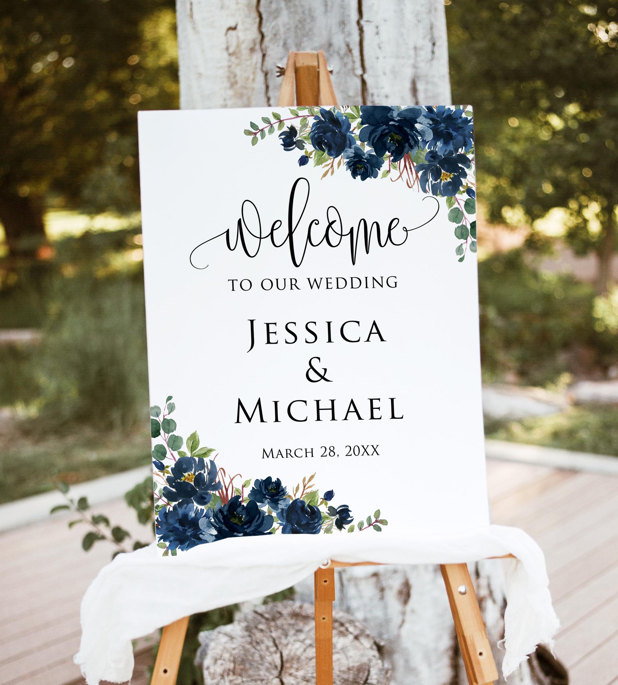 Printed or Digital Navy Floral Wedding Welcome Sign, W507-1 - Etsy