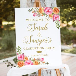 Hot Pink Orange Joint Graduation Party Welcome Sign, Orange and Pink Double Graduation Sign, Sibling Grad Party Sign, Digital File, W58-6