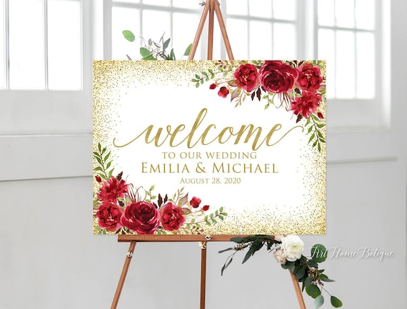 Gold and Red Wedding Welcome Sign Welcome to Our Wedding - Etsy