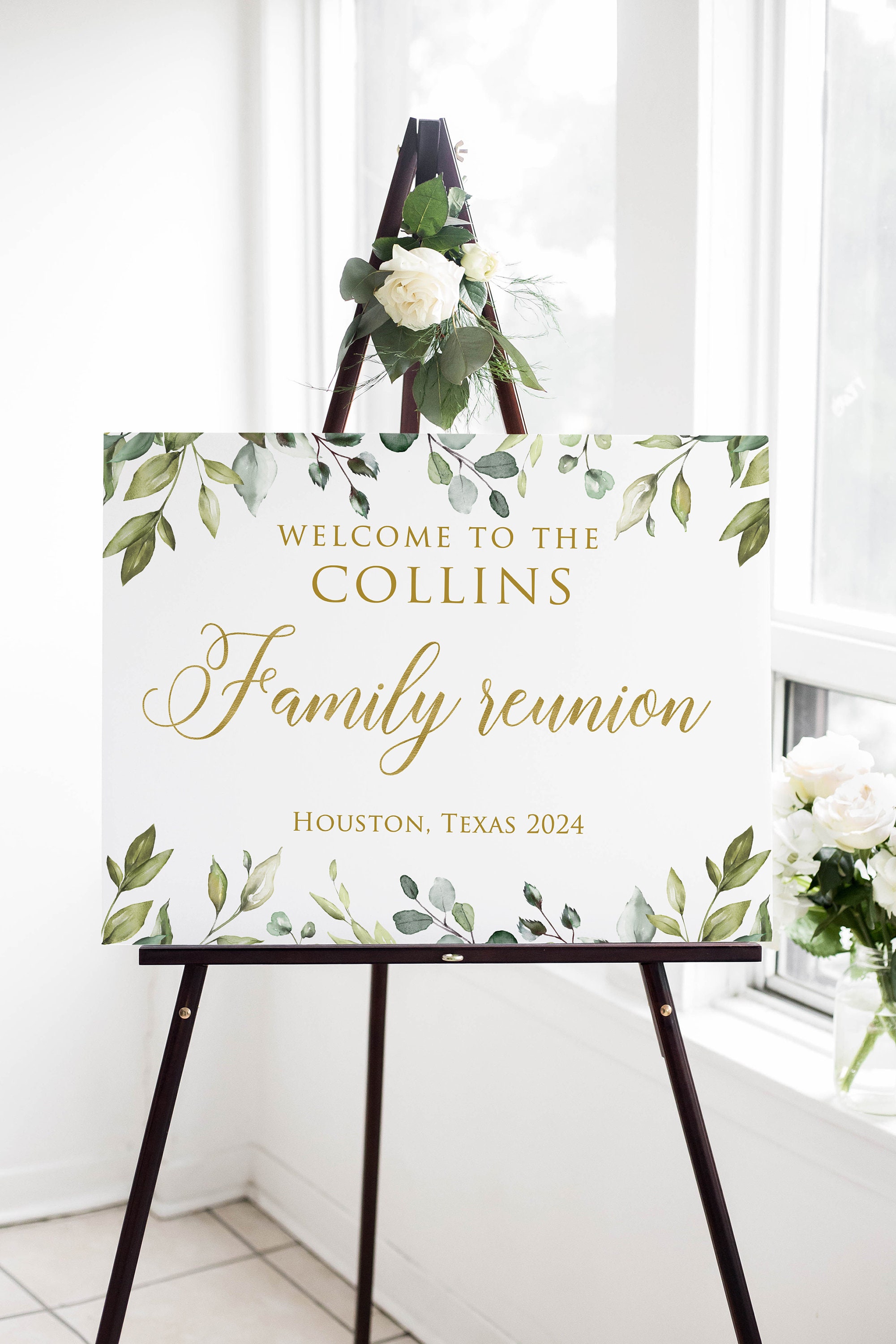 Family Reunion Welcome Sign, Greenery Gold Welcome Sign, Botanical ...