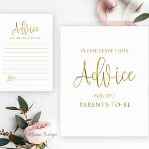 Enseigne et cartes de conseils en or pour baby shower, conseils pour les futurs parents, veuillez laisser votre avis, téléchargement immédiat, fichier numérique, BS891