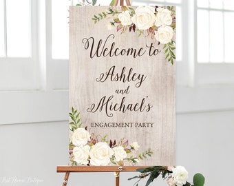 Rustic Engagement Party Sign, White Roses Welcome Sign, Welcome to Our Engagement Sign, Printable Welcome Sign, White Flowers, W249