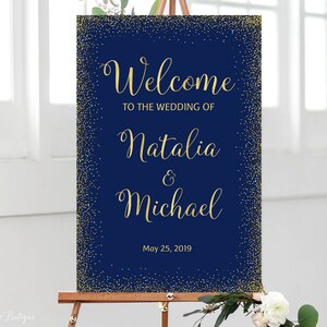 Navy Welcome Wedding Sign, Welcome To Our Wedding Sign, Navy and Gold Welcome Wedding Sign, Blue Wedding Sign, Digital file, W174