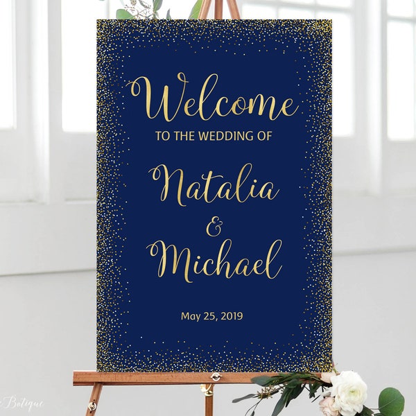 Navy Welcome Wedding Sign, Welcome To Our Wedding Sign, Navy and Gold Welcome Wedding Sign, Blue Wedding Sign, Digital file, W174