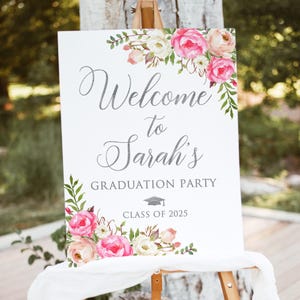 Hot Pink Floral Graduation Party Welcome Sign, Grad Party Decor, Digital File, W52-1