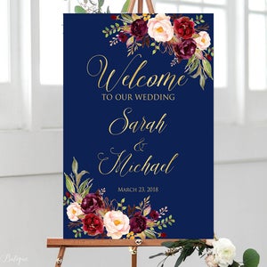 Navy Welcome Wedding Sign, Welcome To Our Wedding Sign, Navy Welcome Wedding Sign, Navy and Gold Wedding Sign, Burgundy, Marsala, W263 image 1