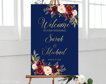 Navy Welcome Wedding Sign, Welcome To Our Wedding Sign, Navy Welcome Wedding Sign, Navy and Gold Wedding Sign, Burgundy, Marsala, W263