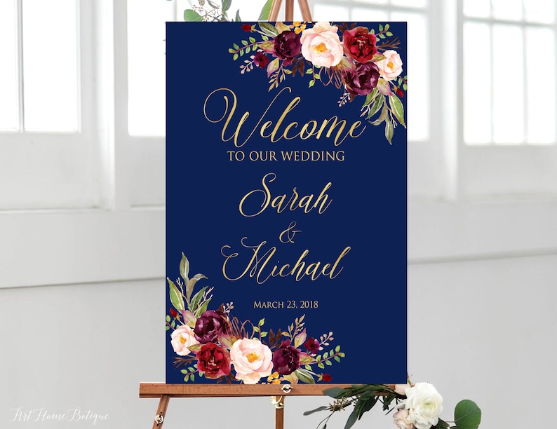 Navy Welcome Wedding Sign, Welcome To Our Wedding Sign, Navy Welcome Wedding Sign, Navy and Gold Wedding Sign, Burgundy, Marsala, W263 image 1