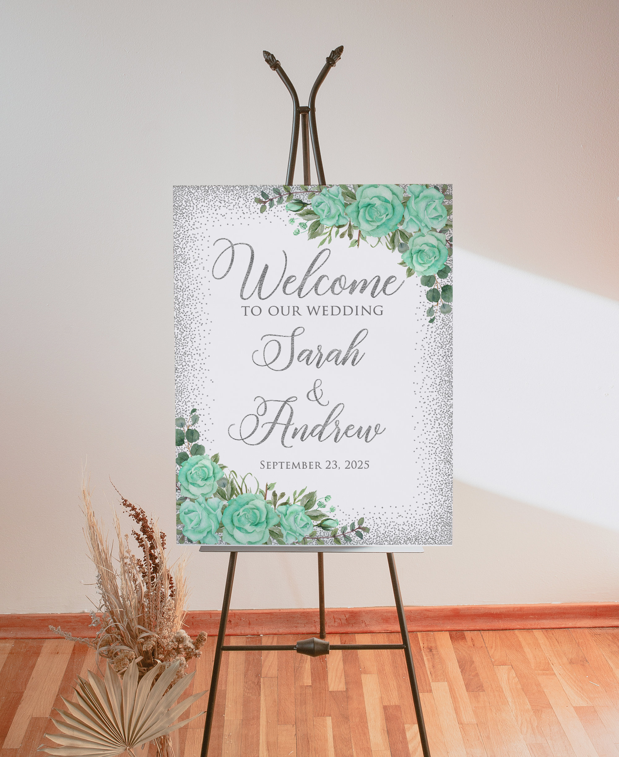 Mint Wedding Welcome Sign, Welcome to Our Wedding Sign, Silver and Mint ...