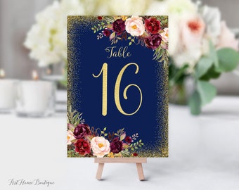 Navy Wedding Table Numbers, Floral Table Numbers, Birthday Table Numbers, Navy Table Numbers, Burgundy Navy Blush, W122