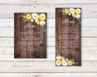 Rustic Yellow Menu Card, Yellow Wedding Menu Card, Birthday Menu Printable, Yellow Flowers, W958
