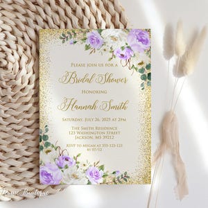 Floral Purple Bridal Shower Invitation, Ivory Bridal Shower Invite, Purple and White Flowers, Printable File, W296