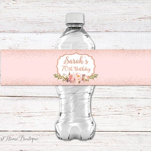 Water Bottle Labels, Any Age Personalized Water Bottle Label, Blush Pink and Rose Gold, Digital File, #W716