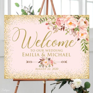 Wedding Welcome Sign, Blush Pink Welcome Wedding Sign, Landscape Wedding Sign, Blush and Gold Wedding Sign, W547