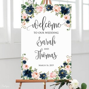 Navy Pink Welcome Wedding Sign, Blue Floral Welcome To Our Wedding Sign, Blue Wedding Sign, Garden Wedding Signs, Printable Sign, W586