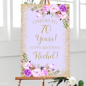 Lila Willkommensschild Geburtstag, Prost auf 70 Jahre, jedes Alter, großes Willkommensschild, Happy Birthday, Cheers auf Schild, BW25-2