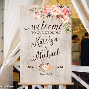 Welcome Wedding Sign, Rustic Welcome Wedding Sign, Welcome To Our Wedding Sign,  and Pink Flowers, Printable Sign, Digital File, W189