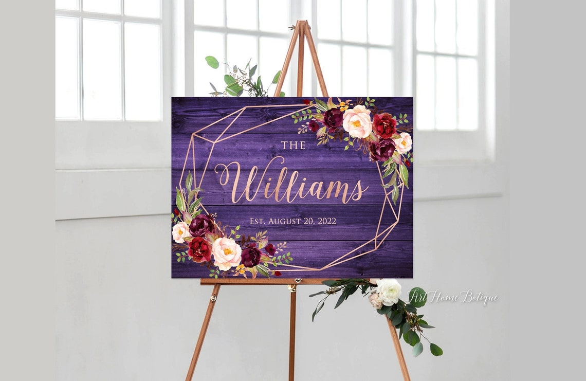 Geometric Wedding Welcome Sign Rustic Purple Wedding Welcome image 1