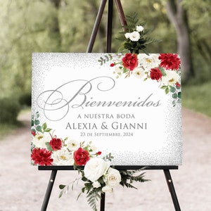 Bienvenidos a Nuestra Boda, Spanish Welcome Sign, Silver and Red Wedding Welcome Sign, Red and White Roses, W917-2