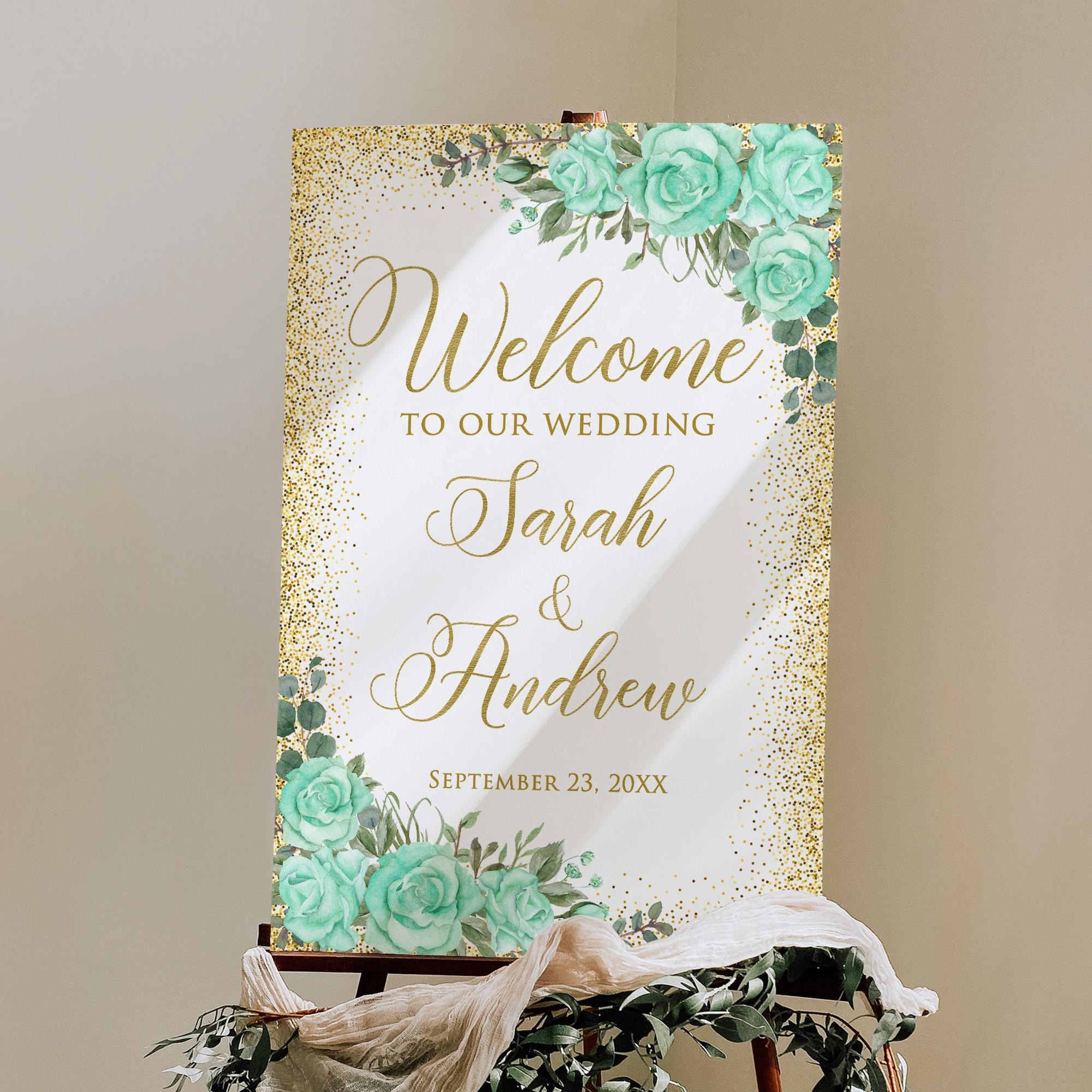 Mint Wedding Welcome Sign, Welcome to Our Wedding Sign, Gold and Mint ...