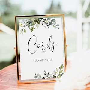 Placa de cartões de casamento botânicos, placa de cartões de casamento com vegetação, placa de cartões de eucalipto, arquivo digital, W1124