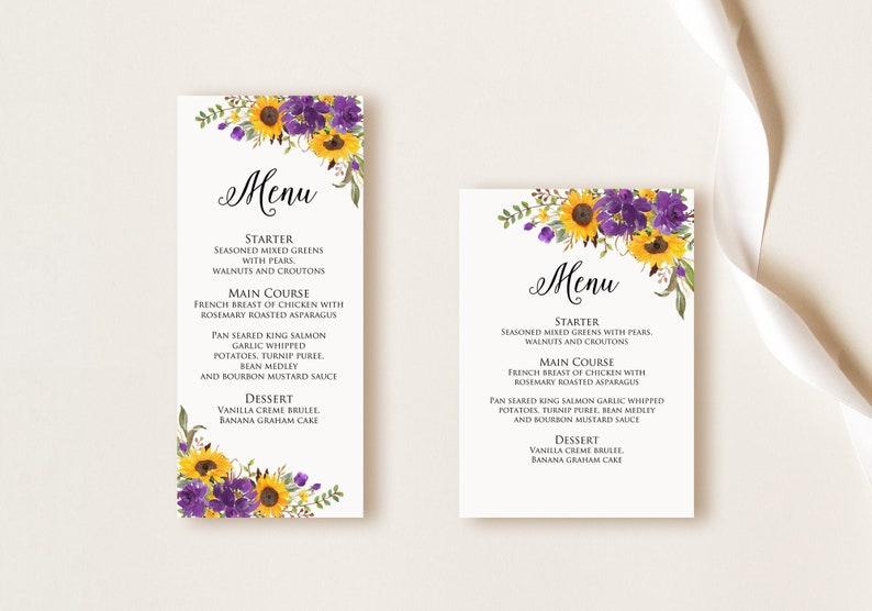 Cartão de menu roxo de girassóis, cartão de menu de girassol, menu de casamento de girassóis e flores roxas, menu de aniversário, menu de outono, arquivo digital, W1465 imagem 1