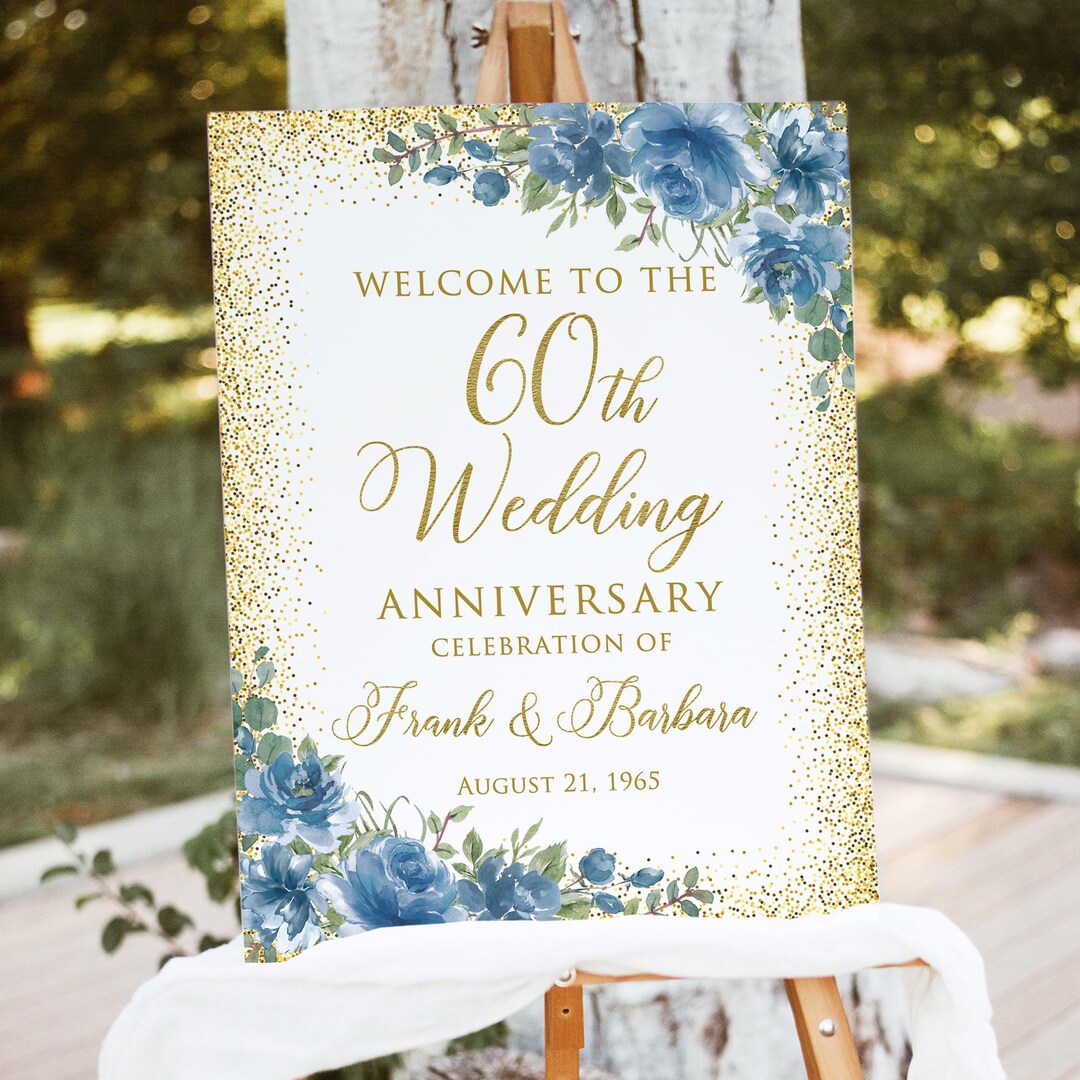 60th Wedding Anniversary Welcome Sign, Dusty Blue Anniversary Sign ...