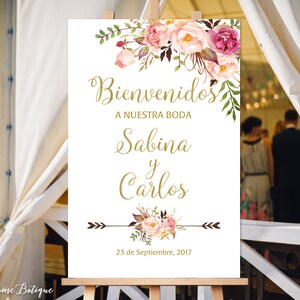 Bienvenidos a nuestra boda, letrero de bienvenida a nuestra boda, letrero dorado de bienvenida a la boda, letrero en español, letrero dorado de bienvenida, W97-2