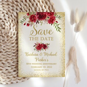 Reserva la fecha, reserva la fecha para el 50.° aniversario de bodas, reserva la fecha para bodas de oro, flores marfil, doradas y rojas, W355-1