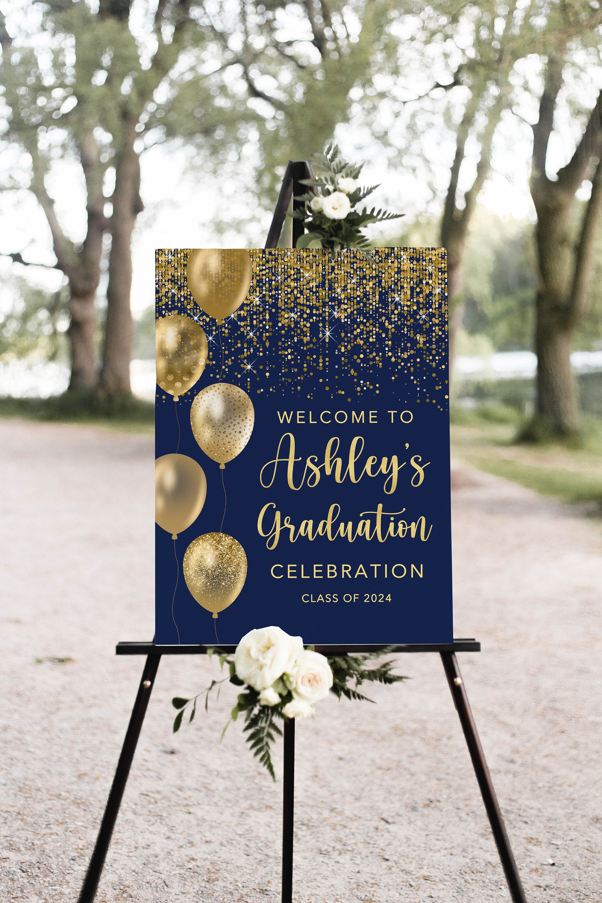 Navy Grad Sign Navy Graduation Party Welcome Sign, Gold Confetti Graduation Sign, Gold ...
