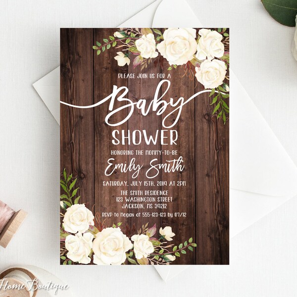 Baby Shower Invitation, Rustic Floral Baby Shower Invitation, Watercolor Baby Shower Invite, White Flowers, BS177