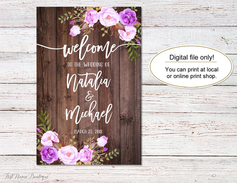 Welcome Wedding Sign, Rustic Welcome Wedding Sign, Welcome To Our Wedding Sign, Purple Flowers, Printable Sign, Digital File, W94 image 2