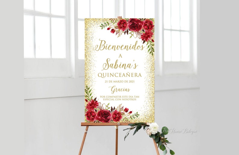 W768 Quincea\u00f1era Welcome Sign Printable Sign Red Flowers Large Welcome Sign Quincea\u00f1era Sign Red and Gold Welcome Sign