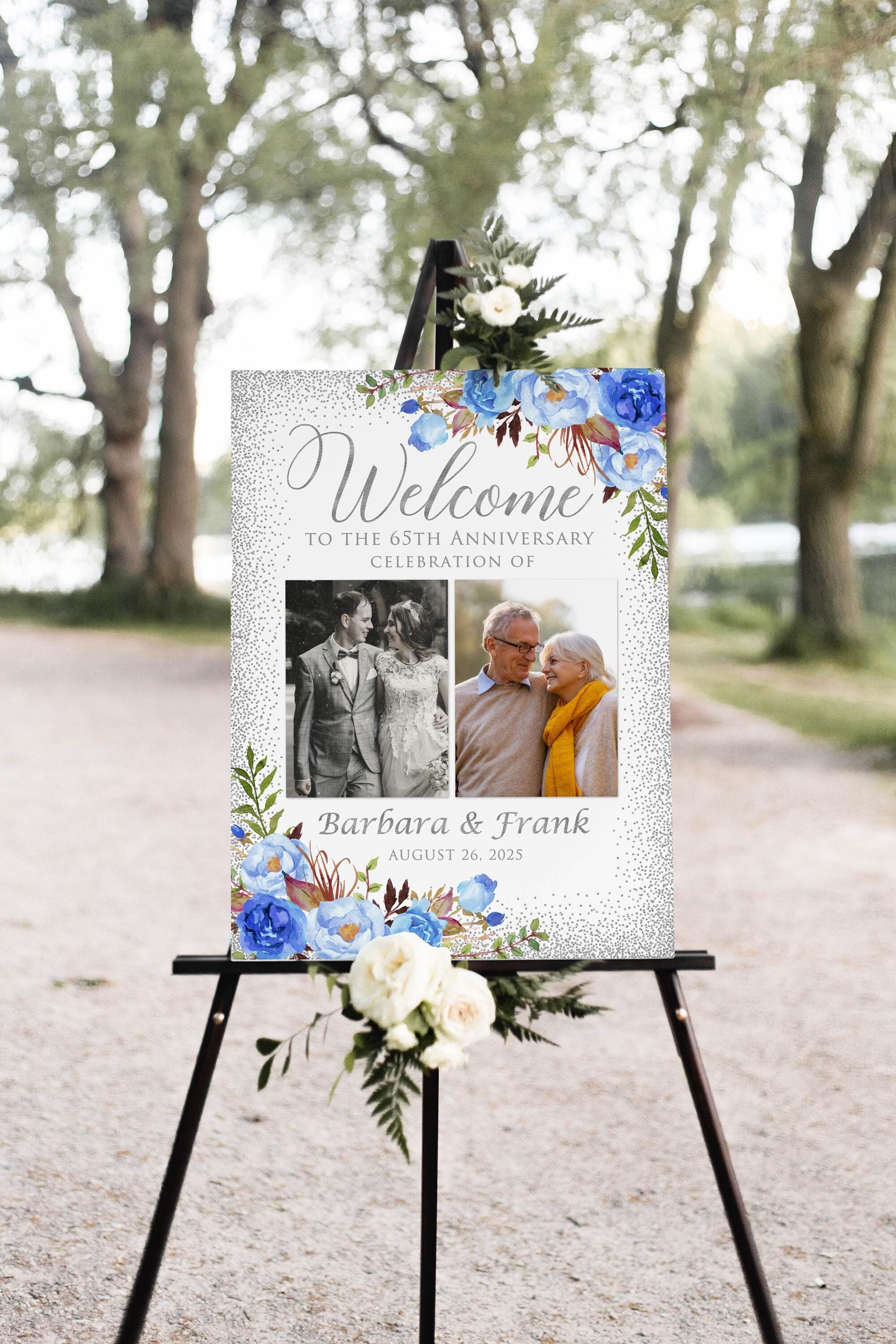 Printed or Digital Blue Silver 65th Anniversary Photo Welcome Sign