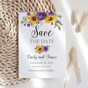 Tournesols et roses pourpres, réservez la date, mariage tournesol, réservez la date, anniversaire, réservez la date, mariage jaune violet, W1465