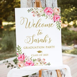 Hot Pink Floral Graduation Party Welcome Sign, Grad Party Decor, Digital File, W54-1