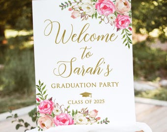 Printed or Digital Hot Pink Floral Graduation Party Welcome Sign, Grad Party Decor, W54-1